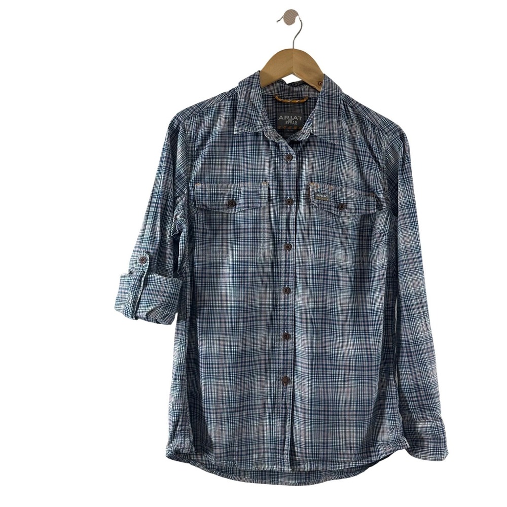 Ariat Rebar Womens Medium Blue Plaid Roll Tab Long Sleeve Button Work Shirt NWOT